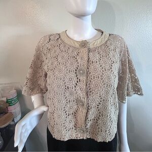 Elie Tahari Women's  Cropped Cardigan ~ Cream Eyelet Decorative Snaps